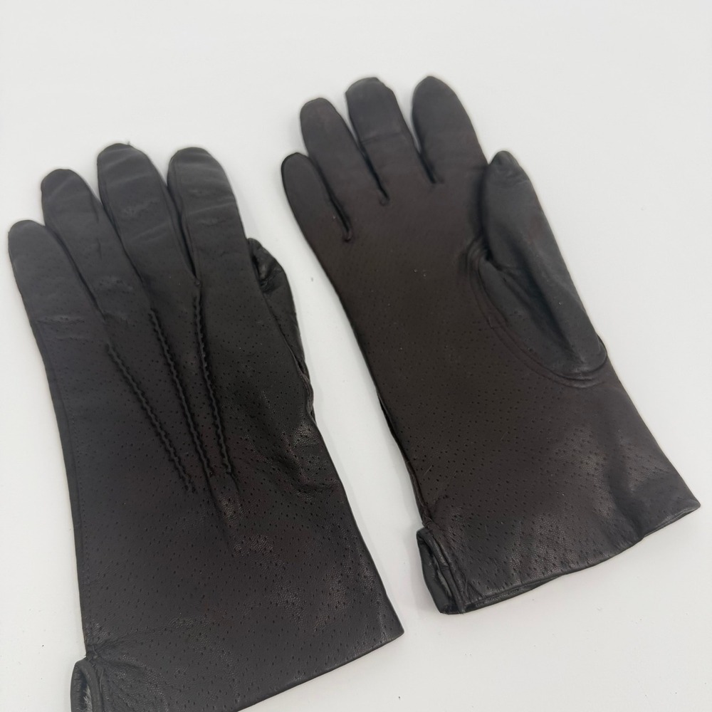 Unbranded Leather Gloves Rabbit Fur Lined Vintage Women Size 7 Black Perforated
